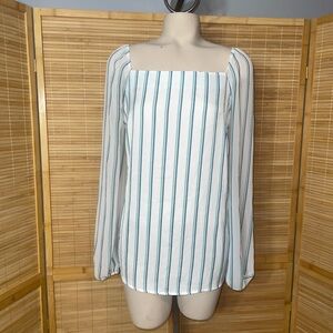 Apt. 9 white blue striped square neck long sleeve blouse top shirt Large